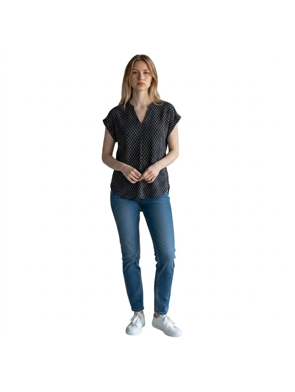 New Pleione Blouse Women L Large Black Geometric V-Neck Short Sleeve Casual